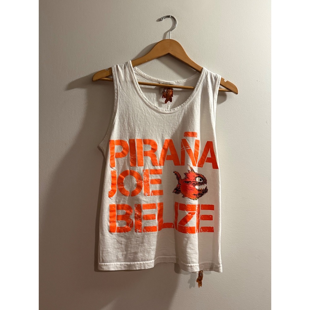 Vintage Pirana Joe Belize Tank Top White Orange Graphic Y2K 2000s Mens Medium